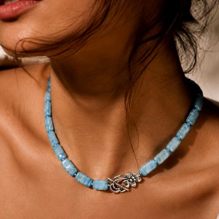 Handcrafted Sky Blue Beaded Floral Toggle Necklace
